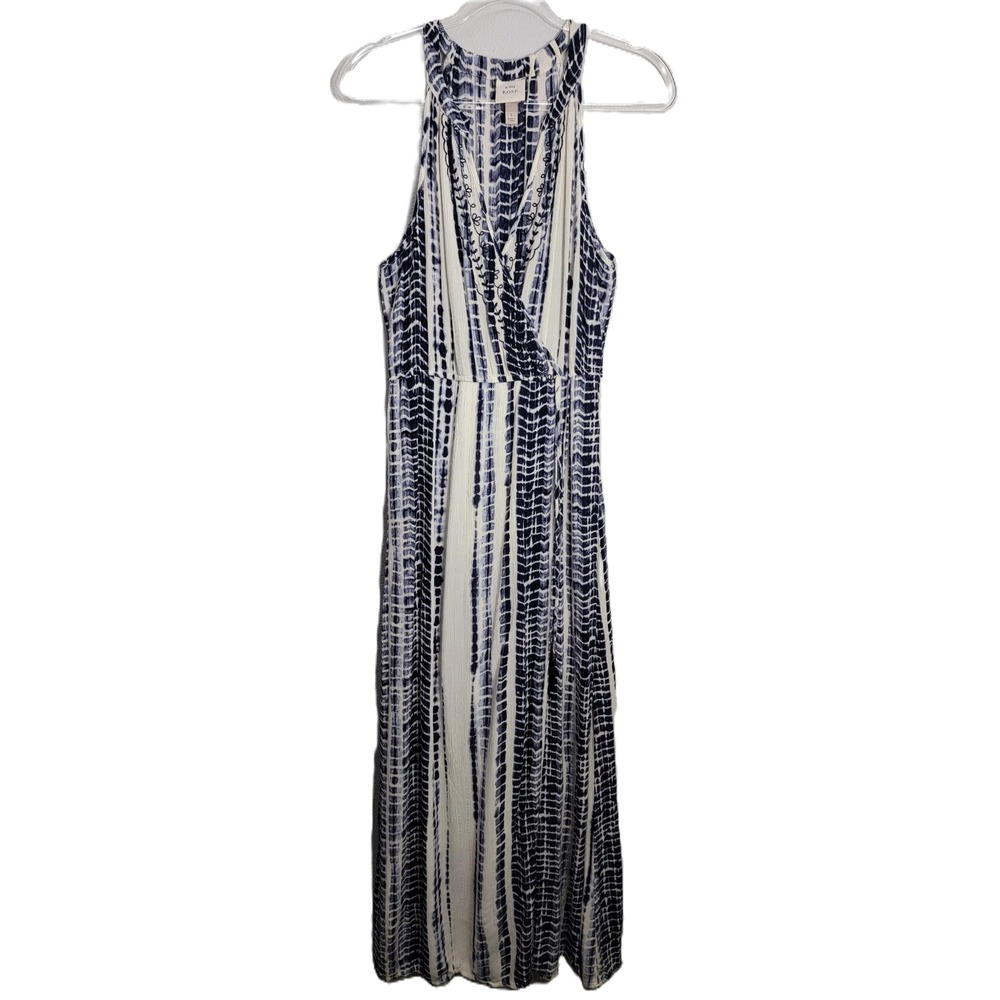 Knox Rose L Blue Boho Tie Dye Shibori Maxi Dress Embroidered Wrap Front